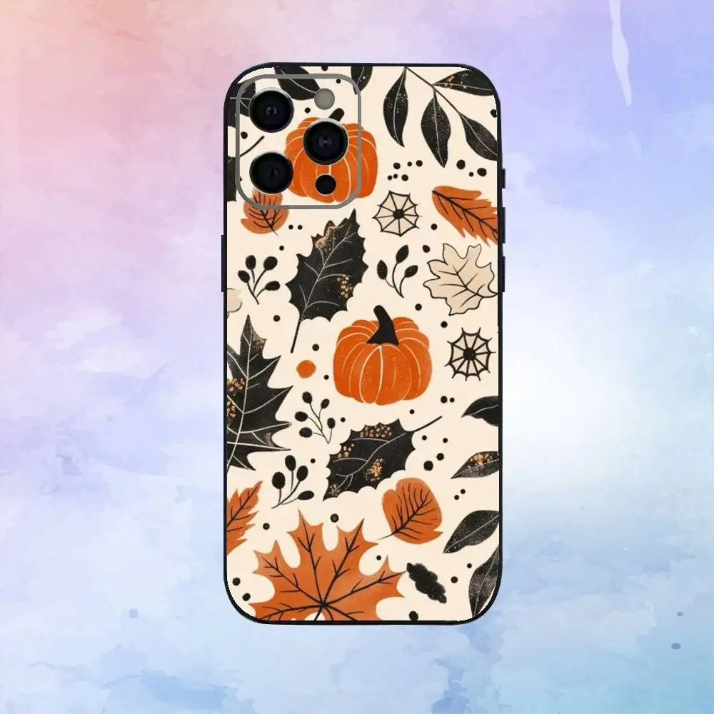 Casing Ponsel Daun Musim Gugur Labu Untuk iPhone17,16,15,14,13,12,11 Plus,Pro Max Penutup Lembut Hitam