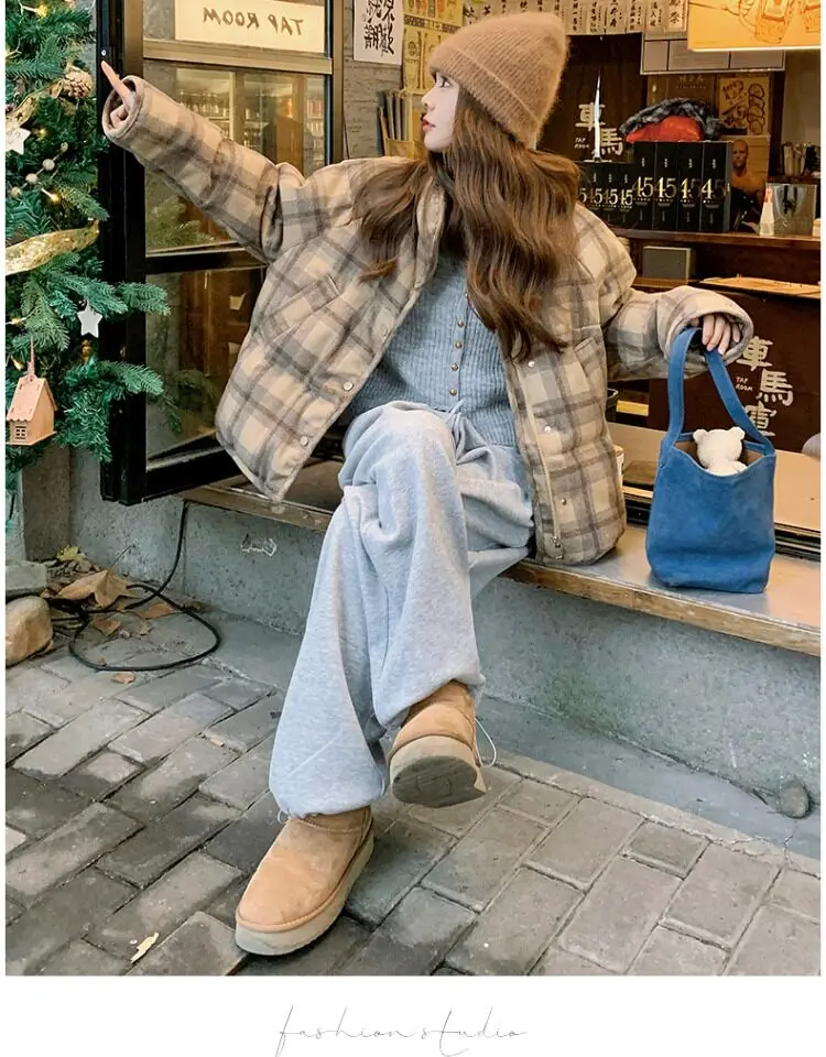 Retro Plaid Short Padded Jacket for Women Autumn Winter Maillard Style Thick Warm Outerwear Female Casual Korean Puffer Jackets