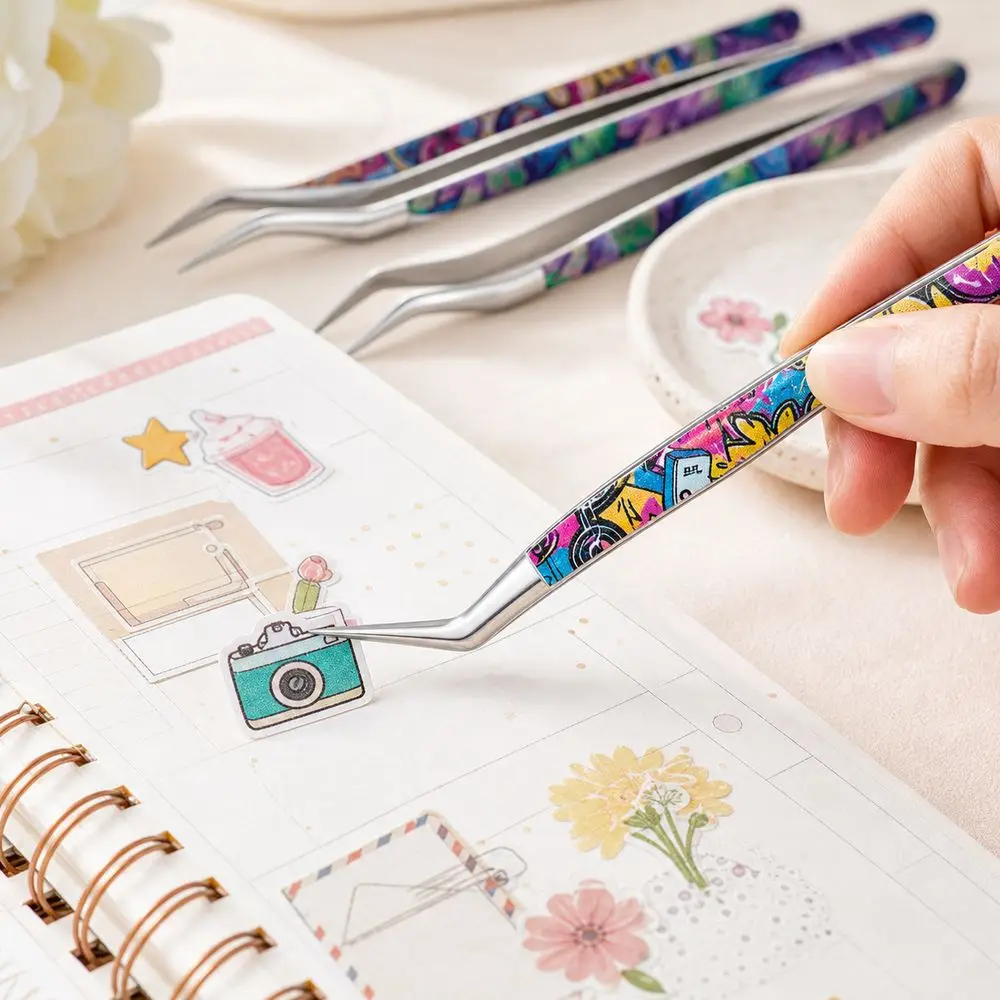 Metal Curved Stickers Tweezers High Precision Cartoon False Eyelash Tweezers Anti-static Eyelash Curler Miniature Scene Stickers
