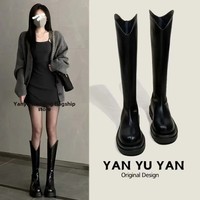Spring Autumn 2024 New Style Korean Versatile High Boot Women's Long Tube Boot Slim Fit Zipper Up Mid Calf Boot Not Over Knee