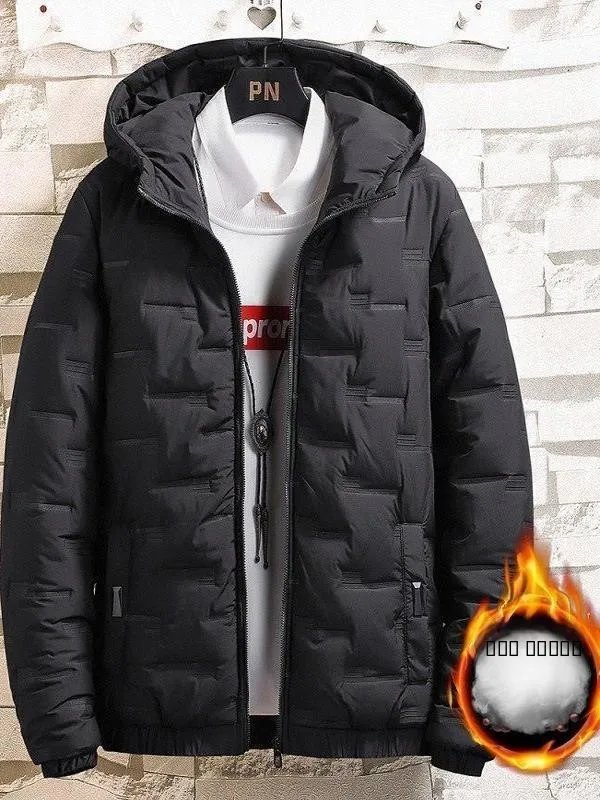 

Утепленная хлопковая куртка для мужчин: универсальная зимняя повседневная теплая куртка с капюшоном из полиэстера, на молнии, с длинными рукавами, геометрический принт.