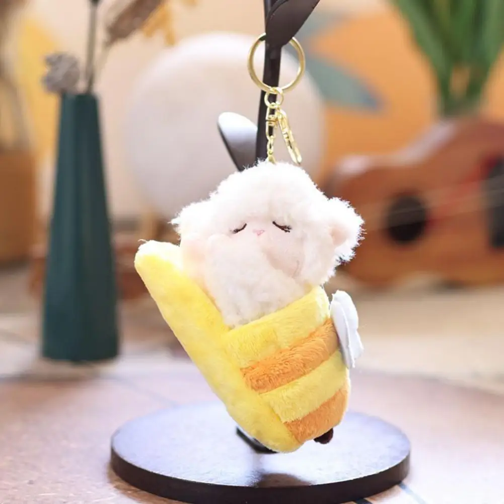 Adorable Sleeping Lamb Keychain, Soft Plush Sheep Stuffed Animal Pendant, Cartoon Slipper Position Key Ring for Bag Backpack, Cu view 3