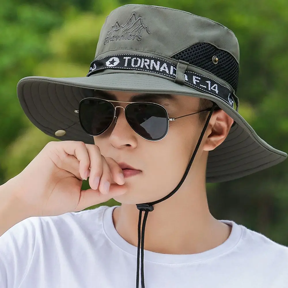 ฤดูร้อนBreathable Letterปีนเขากลางแจ้งตกปลาหมวกปีกขนาดใหญ่หมวกผ้าฝ้ายMan Sun Hat