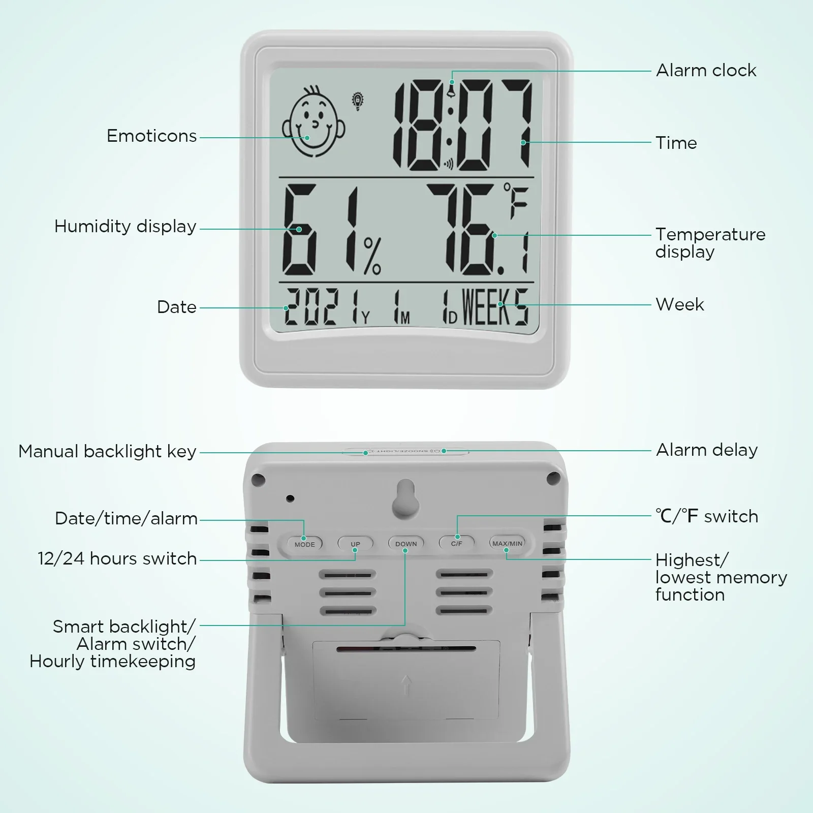 LCD Digital Thermometer Hygrometer Indoor Electronic Temperature Hygrometer Time Display with Alarm clock Backlinght Function