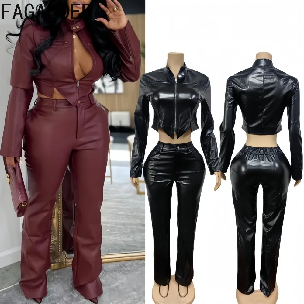 

FAGADOER Fashion Leather Patchwork 2 Pieces Set for Woman Outfits Solid Color Long Sleeves Crop Top and Pants Female Streetwear