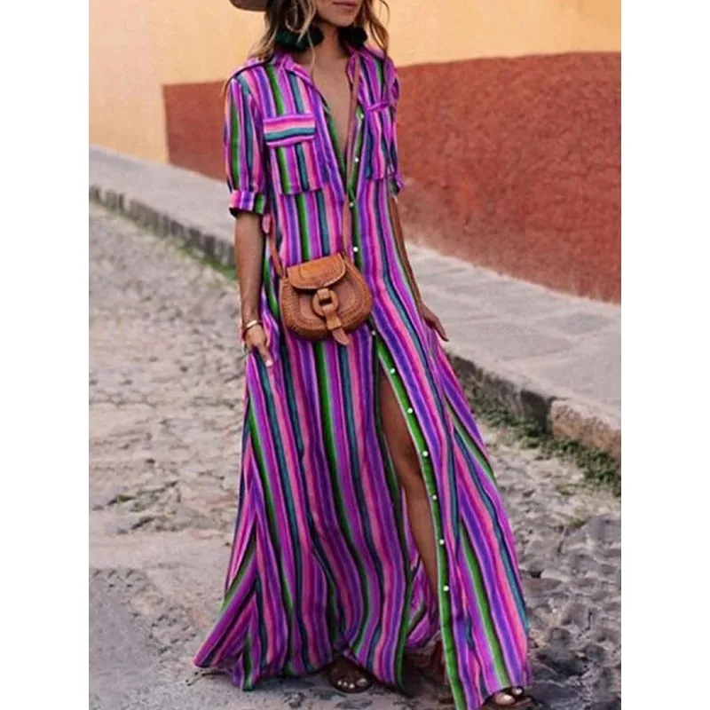 Tinaa Bohemia Striped Women's Dresses 2025 Casual Loose Fit Lapel Short Sleeve Button Down Holiday Vacation Long Dress 178054