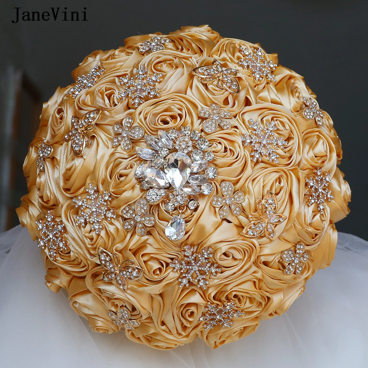

JaneVini 2026 Charming Camel Yellow Bridal Flowers Bouquets with Golden Crystals Handmade Satin Roses Wedding Bouquet for Bride