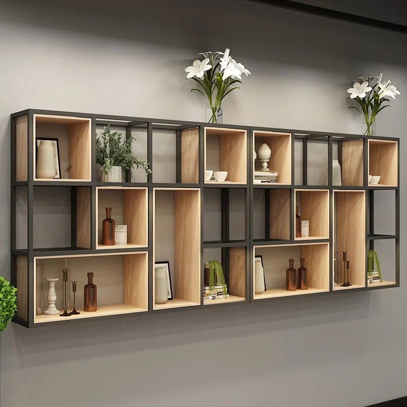 

Wrought iron shelf Industrial style multi-layer bookshelf Solid wood wall hanging Restaurant decoration loft storage