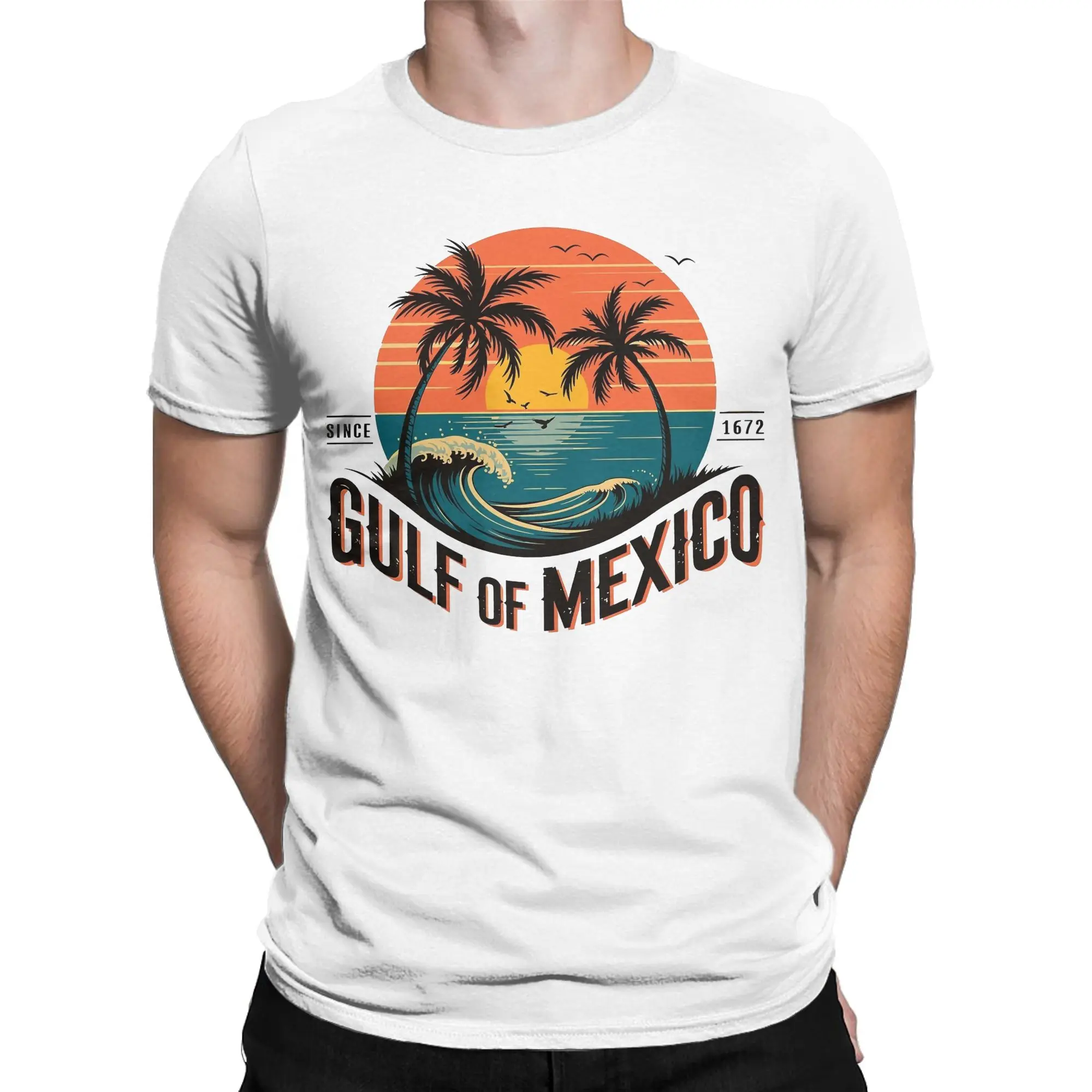 Men's Gulf of Mexico Retro Beach Sunset Palm Trees Ocean T Shirt  Cotton Clothing Short Sleeve O Neck Tees Printed T-Shirts