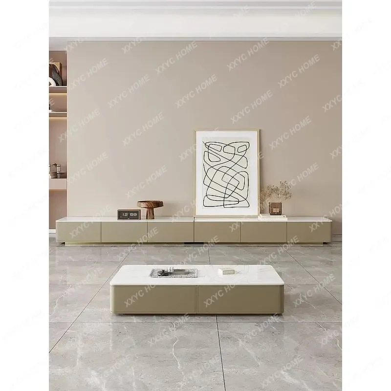 XX Luxury Marble Saddle Leather Long TV Stand Coffee Table Storage Cabinet for Living Room