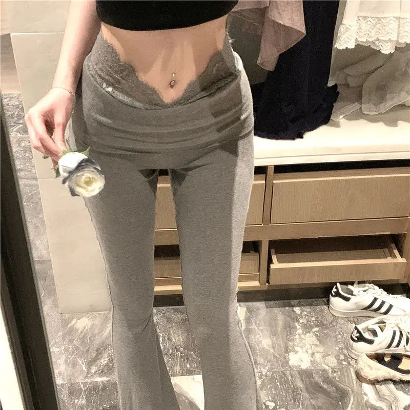 Kubiliv Ballet Lace Aesthetic Splicing High Waist Slim Slim Bell-bottom Pants Drape Micro Casual Pants Commuting