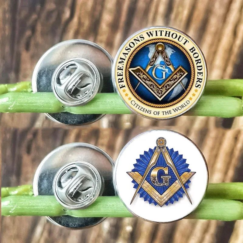 Free Mason Stainless Steel Lapel Pins Masonic Sigh Glass Cabochon Men's Women's Brooch Badges