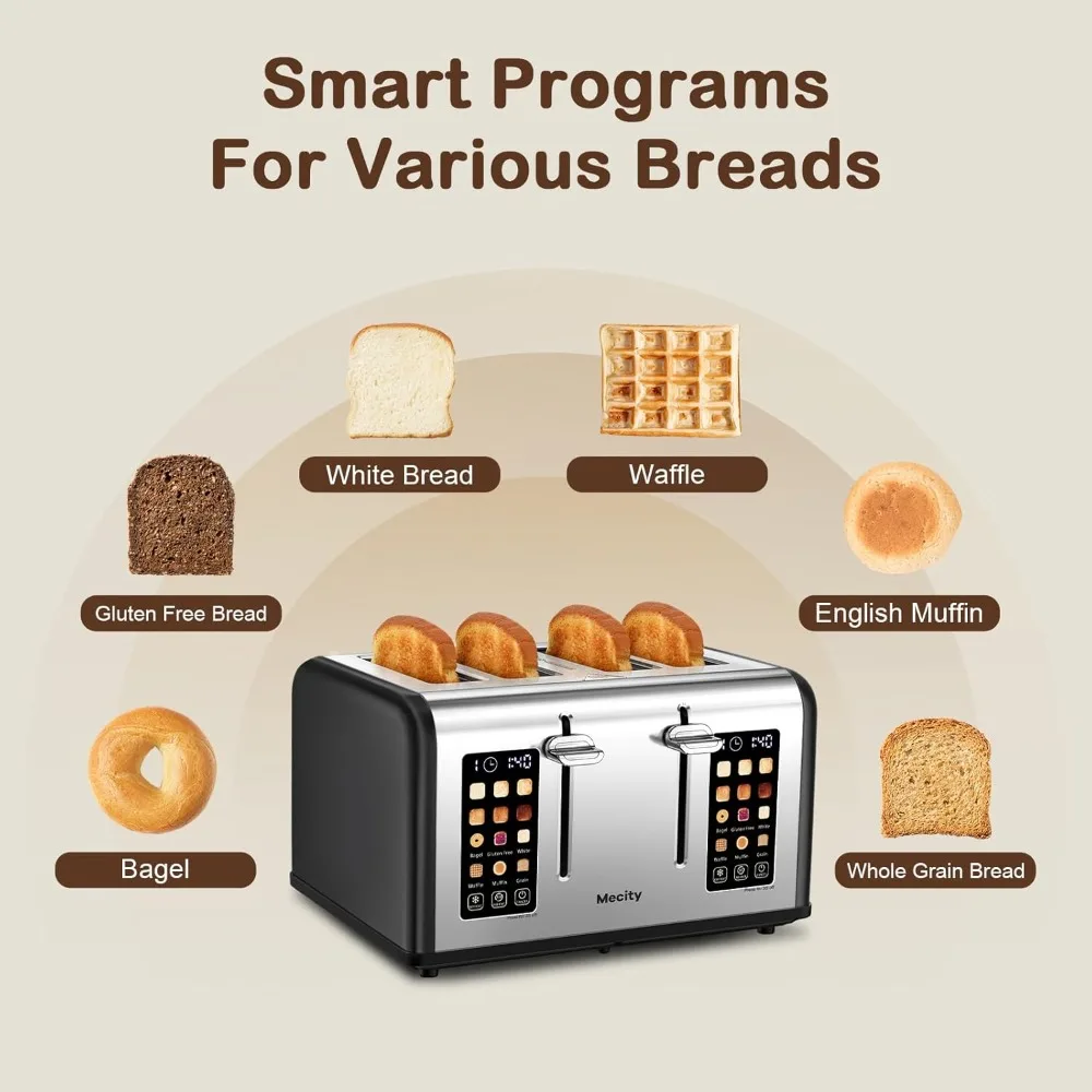 

4 Slice Toaster with Touch Screen Control, 4 Wide Slots, Stainless Steel Smart Bread Toaster for Bagels, Muffins, Waffles