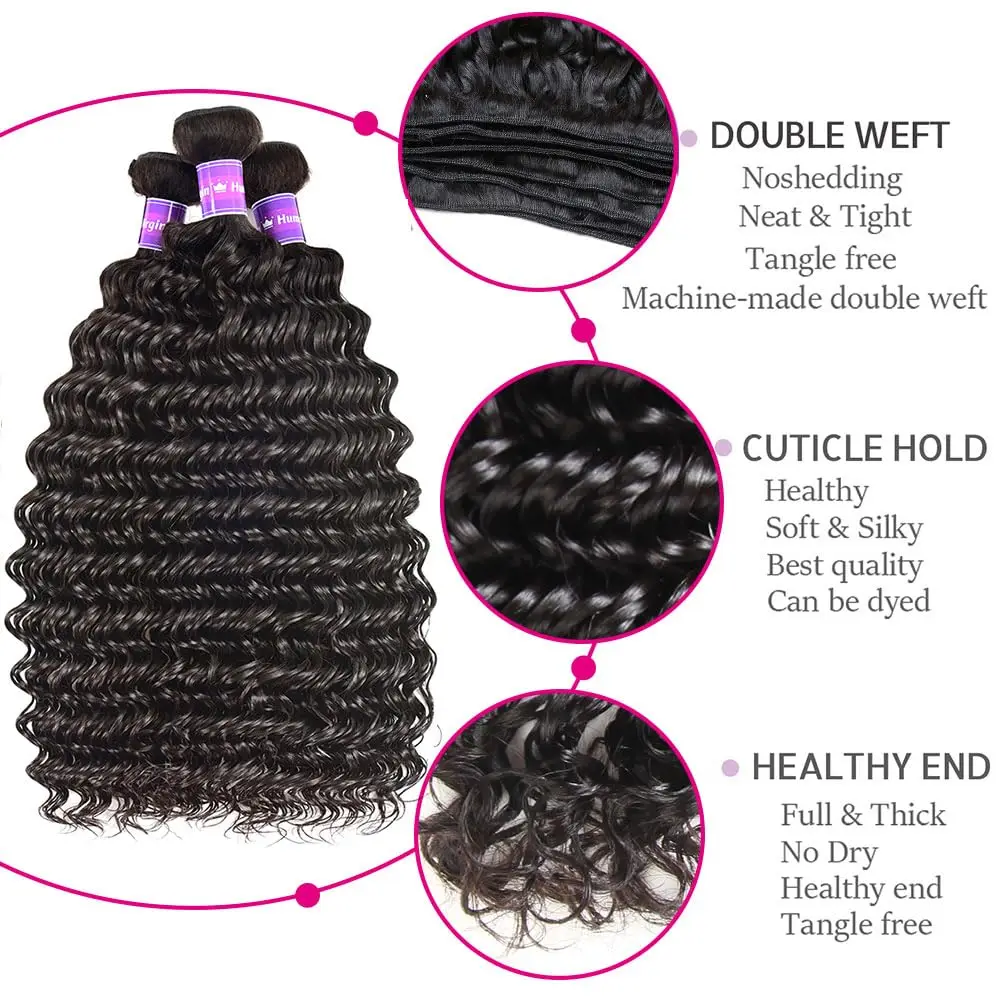 Deep Wave Human Hair Bundles With 13x4 Transparent Lace Frontal Brazilian 100% Human Hair Weave Extension