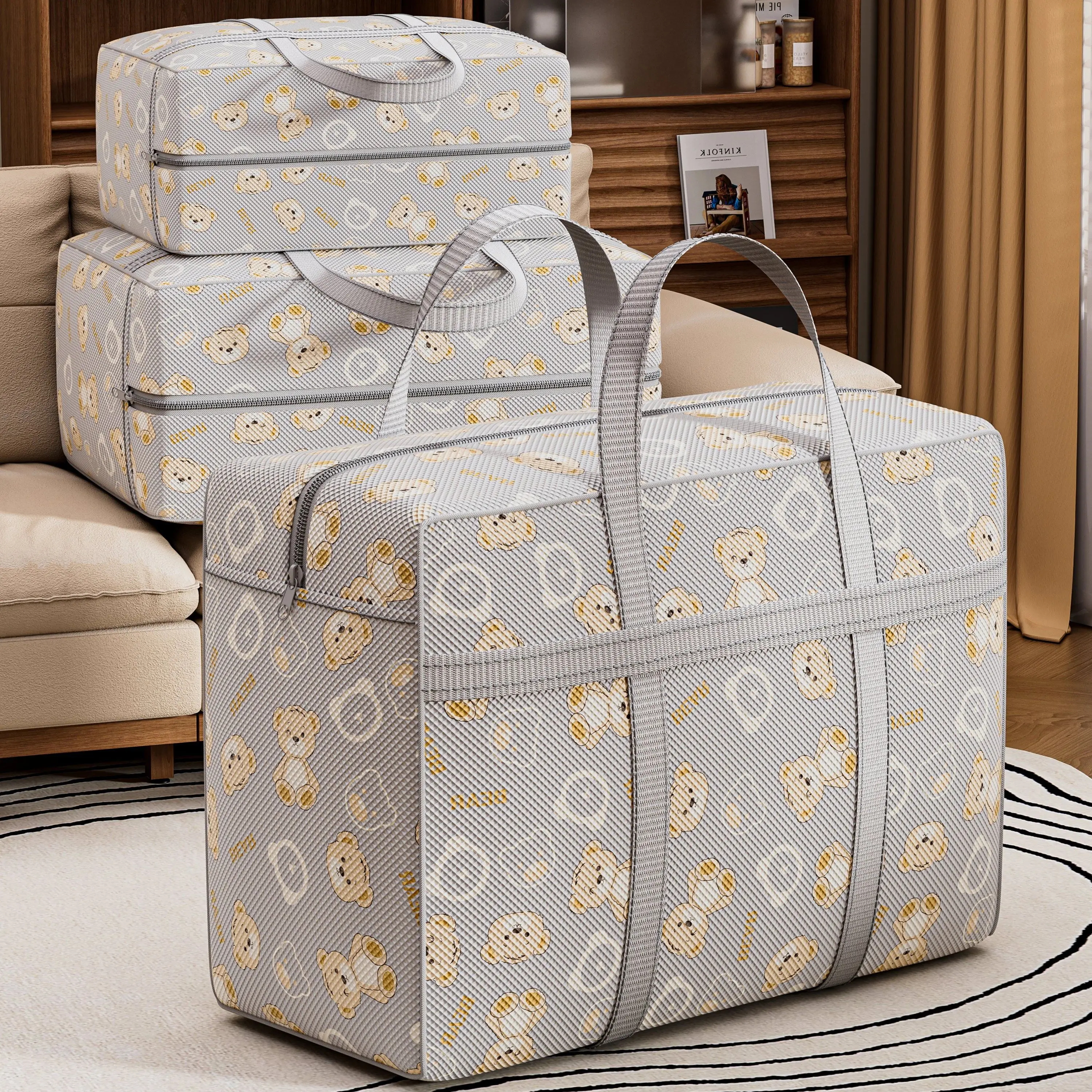 Foldable Luggage Organizer Bag with Cartoon Bear Pattern, Large Capacity Space-Saving Travel Storage Bag, Durable Polyester Bag image 4