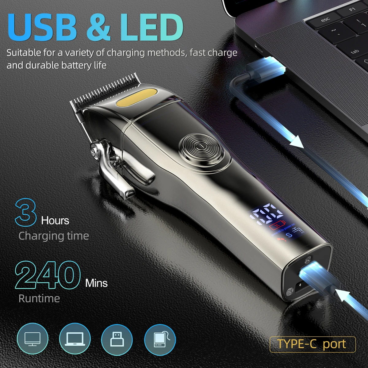 KIKIDO-Cortador de cabelo elétrico para homens, recarregável USB, aparador de barba sem fio, poderosa ferramenta de aparar