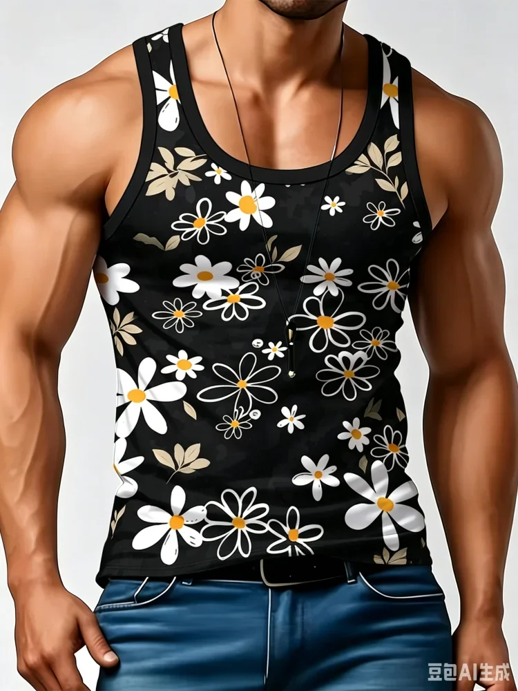 Fashion Men's White Daisy Floral Print Sleeveless Vest Minimal Flower Streetwear Casual Beach Vest Summer Gym Workout Vest Tops