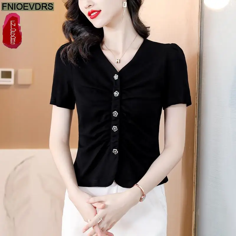 S-3XL 2023 Women Summer Short Sleeve Elegant Office Lady Work Button Shirt Casual Slim Wine Red Black White Short Tops Blouses