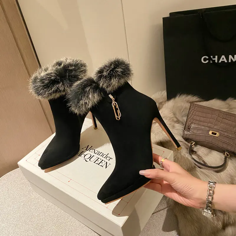 Pointy-toe Platform Sexy Ladies Stilettos Ankle Boots With Real Rabbit Fur Super Thin High Heels Winter Warm Women Shoes Pumps