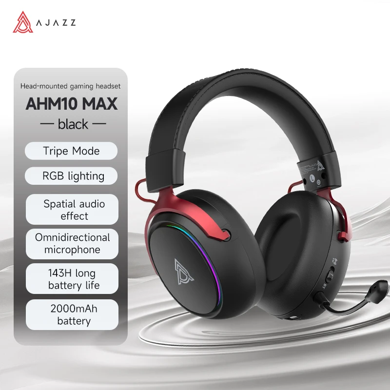 AJAZZ AHM10 MAX 2000mAh batterij Draadloze Bluetooth-gamingheadset Met microfoon, meerdere dynamische RGB-lichteffecten, AI-ruisonderdrukking, virtuele 7.1 surround sound en driverondersteuning.