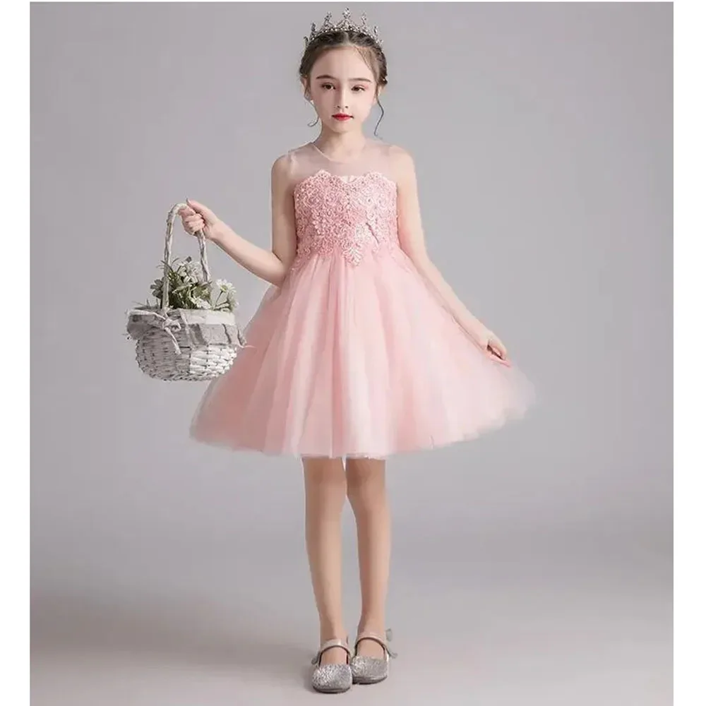 Girls' Dress 2024 Summer New Flower Girl Princess Dress Mesh Fluffy Children's Festival Performance Dress