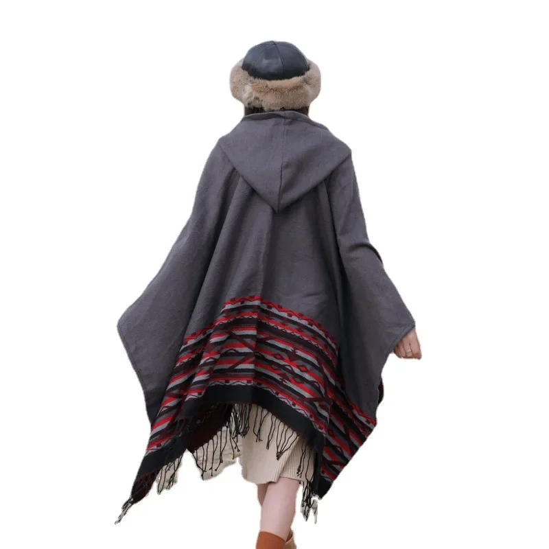 Women Autumn Winter Faux Cashmere Out Streetwear Mid-length Thick Poncho Shawl Hooded Big Pendulum Loose Cloak Coat T177