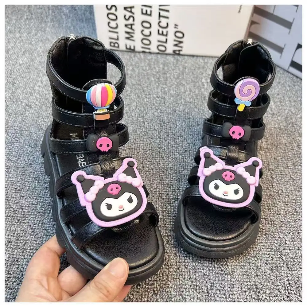 

Kawaii Sanrio Kuromi, римские сандалии для девочек, детские летние модные сандалии принцессы с героями мультфильмов, пляжная обувь для отдыха с мягкой подошвой, От 3 до 18 лет