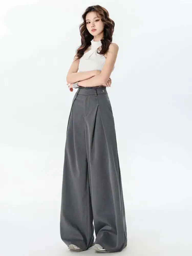 

Office Lady Grey Lace Patchwork Pleated Suit Pants For Women's Spring And Summer New Style High Waist Loose Wide Leg Pants