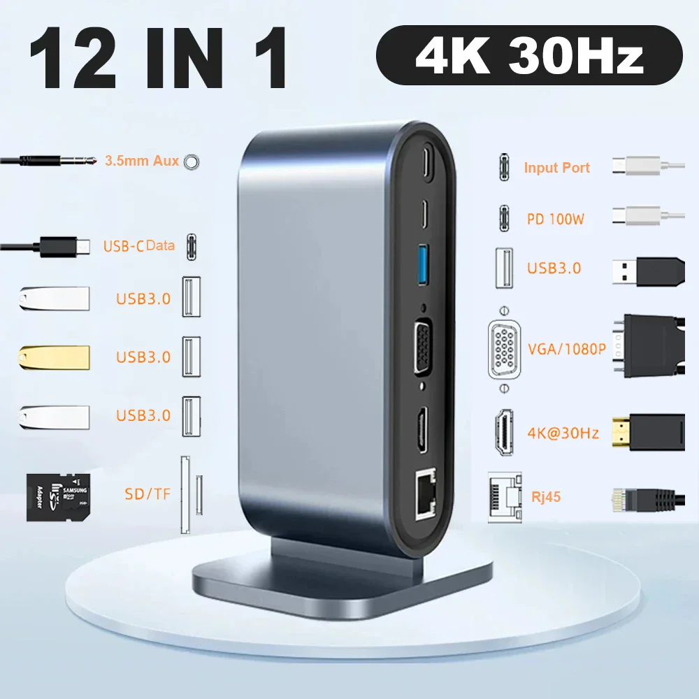 

12 in 1 USB Type-C Docking Station with 4K HD 30hz VGA 3.5mm Audio Port USB 3.0 RJ45 100W PD SD/TF RJ45 for Windows Mac Laptop