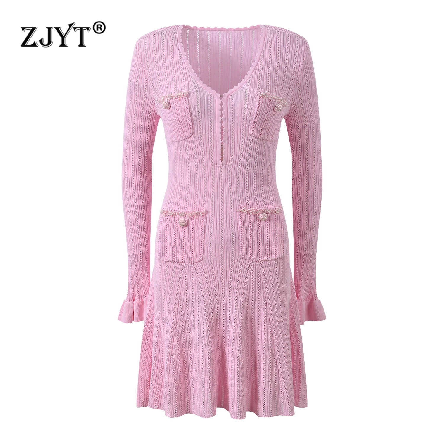 

ZJYT Women's Spring V Neck Beading Knitting Dresses Sweaters Elegant Long Sleeve Pink Sweet Short Party Dress 2026 New Vestidos