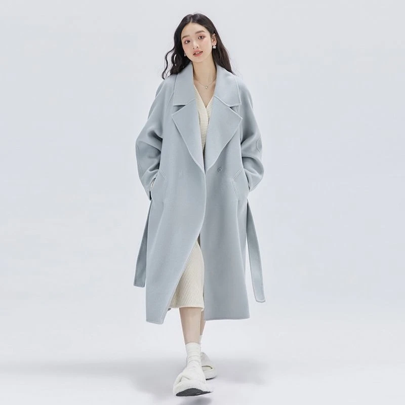 

2025 New Arrival Women's Korean Style Premium Blue Wool Coat Mid Length Slim Fit for Petite Autumn Winter