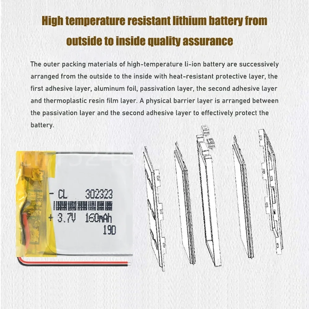 3.7V 160mAh 302323 032323   Baterías recargables Li-Po Li Ion de polímero de litio 302323   para MP3 MP4 Toys Batería de auriculares Bluetooth