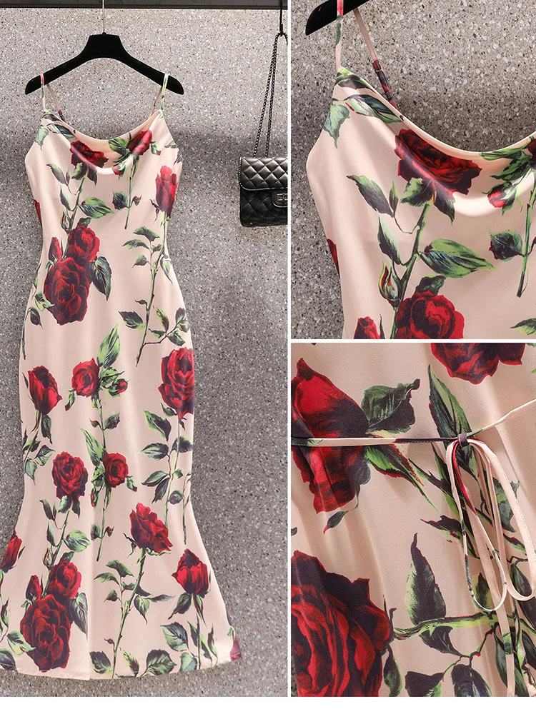 Vestido Vintage de gasa con estampado de rosas para verano, traje Sexy con cuello en V, elegante, a la moda, para fiesta de graduación, 2024