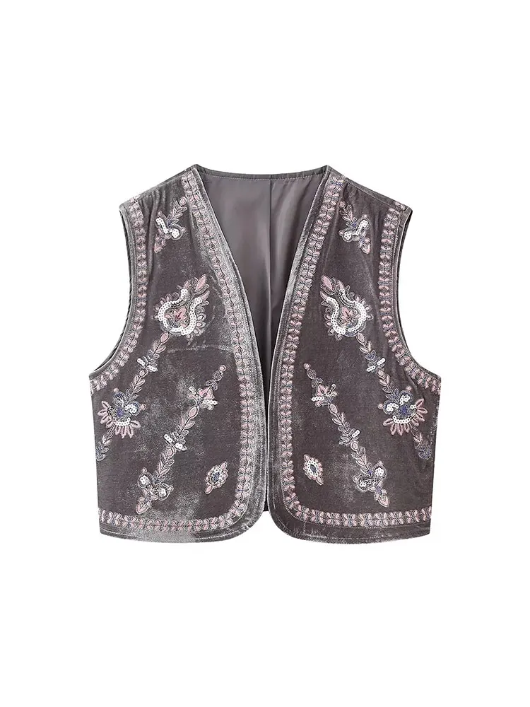 Nlzgmsj TRAF 2023 Summer Autumn Women National Style Bead string decoration Coat Floral Embroidery Waistcoat Sleeveless Vest