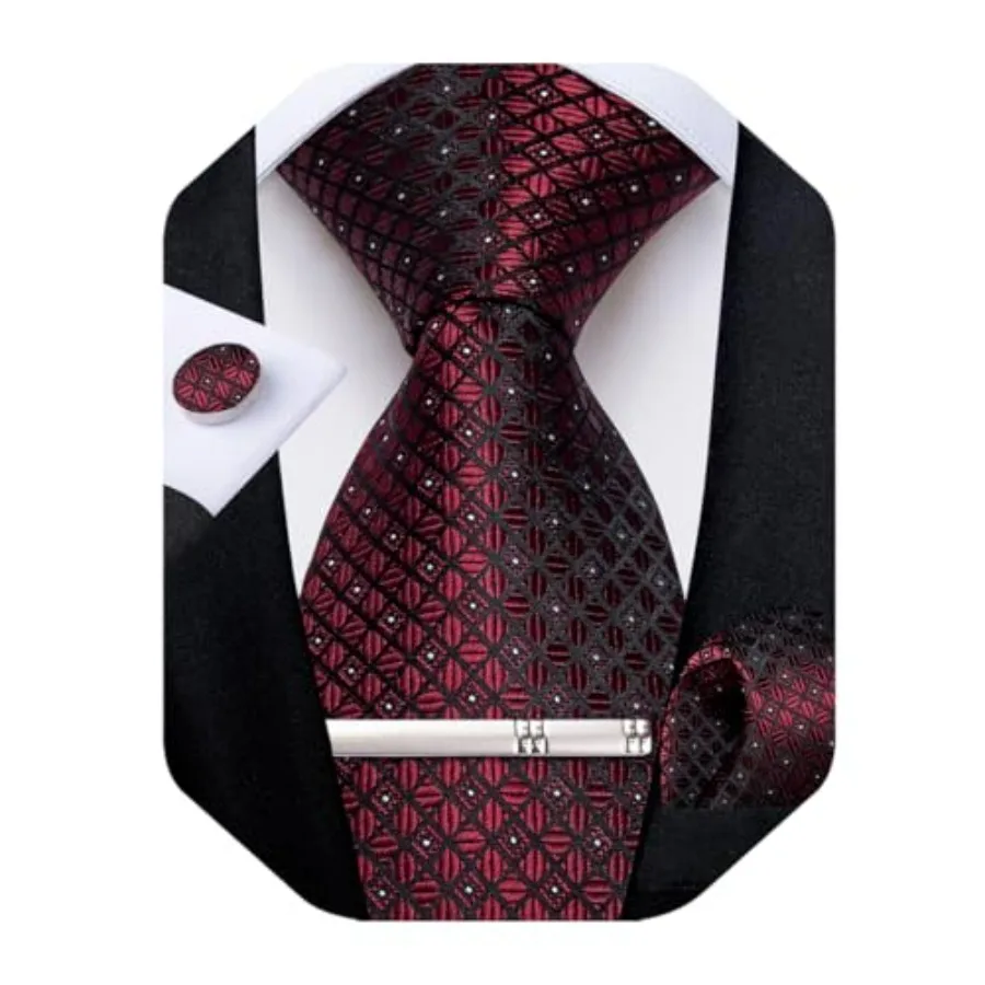 

DiBanGu Silk Ties for Men Formal Plaid Check Necktie and Pocket Square Cufflinks Tie Clip Set Wedding Necktie with Gift Box