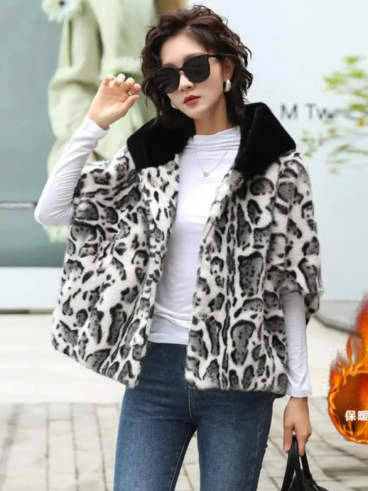 

Зимний белый леопардовый принт, свободный кардиган с короткими рукавами, имитация норки, плюшевое пальто, женское пальто на пуговицах с капюшоном, модное модное