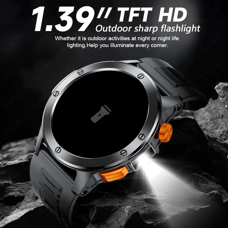 LIGE With LED Flashlight Men SmartWatch Women 100+ Sports Mode Voice Assistant Bluetooth Calling Smart Watches Waterproof Watch