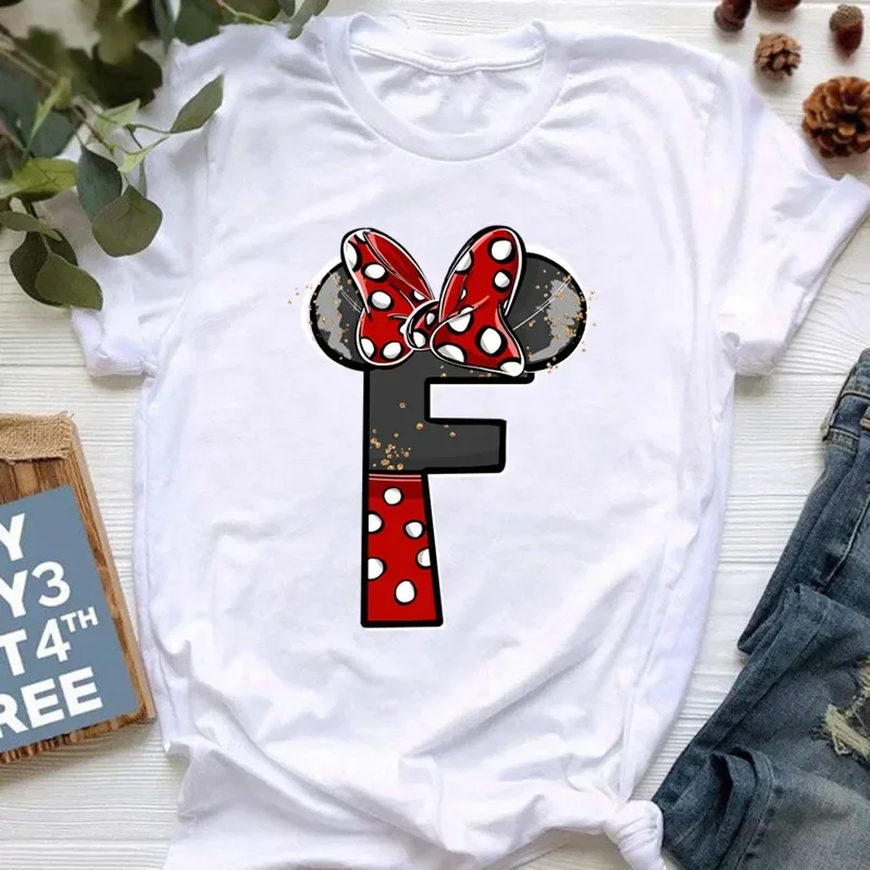 New Summer Short Sleeve Disney Children Baby Clothes Minnie Mouse Letters Print A-Z Print Kid Cotton T-shirt Y2k Tops Boy Girl