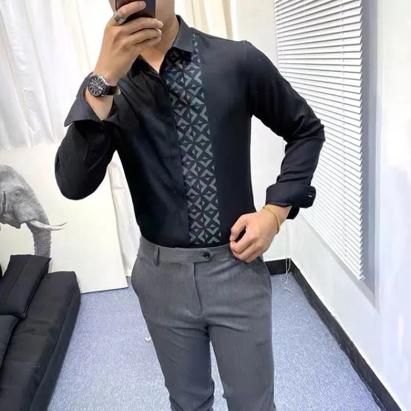 Spring Autumn Printed Blouse Men\'s Clothing Casual Korean Style Cardigan All Match Loose Harajuku Polo Neck Long Sleeve Shirts