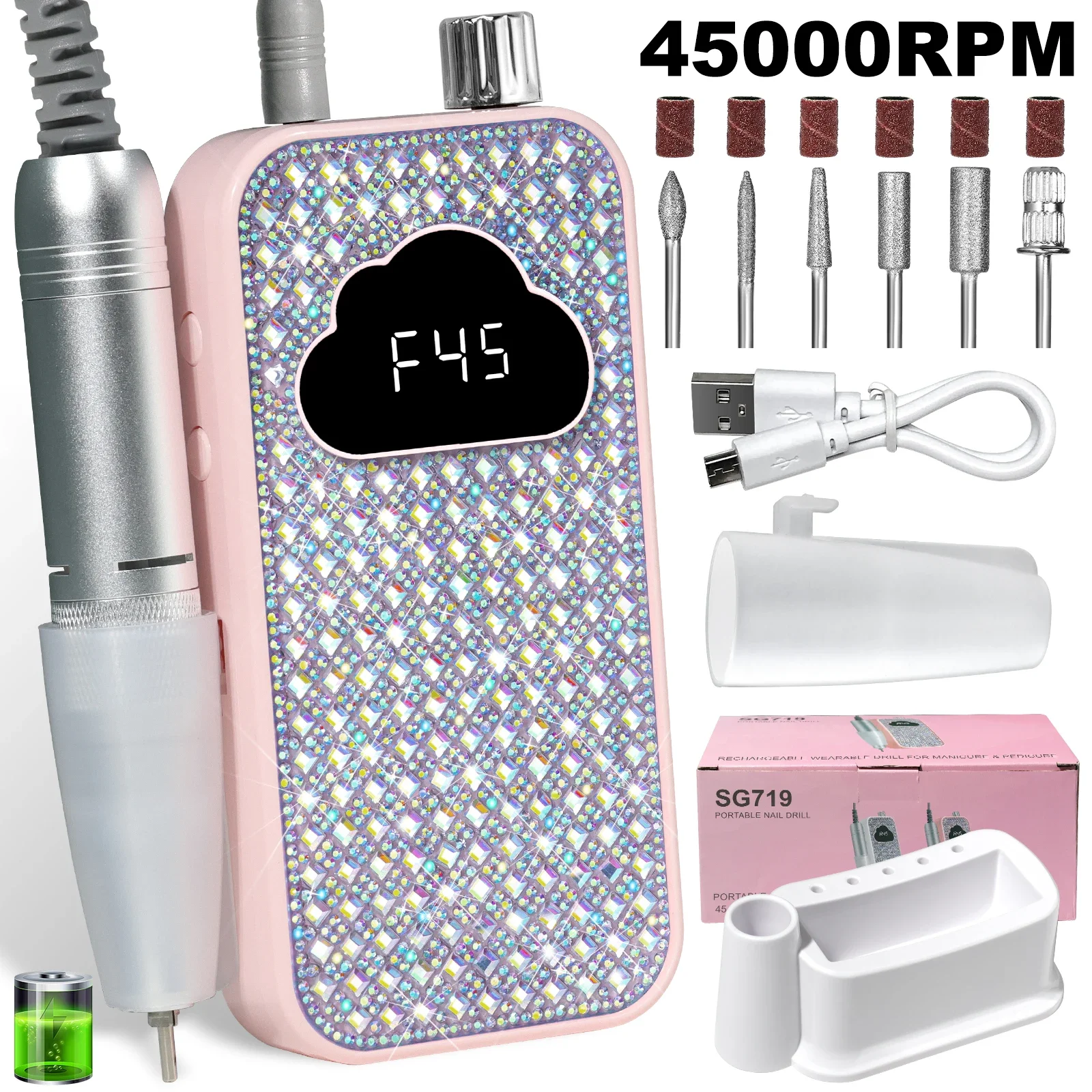 

Professional Rechargeable Nail Drill Machine - 45000RPM Glitter Portable Cordless Nail Drill, Electric Nail File Kits