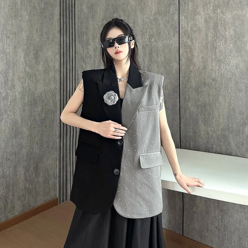 

Летний женский жилет-блейзер с термопечатью в виде бриллиантов, без рукавов, в стиле колор-блок, свободного кроя