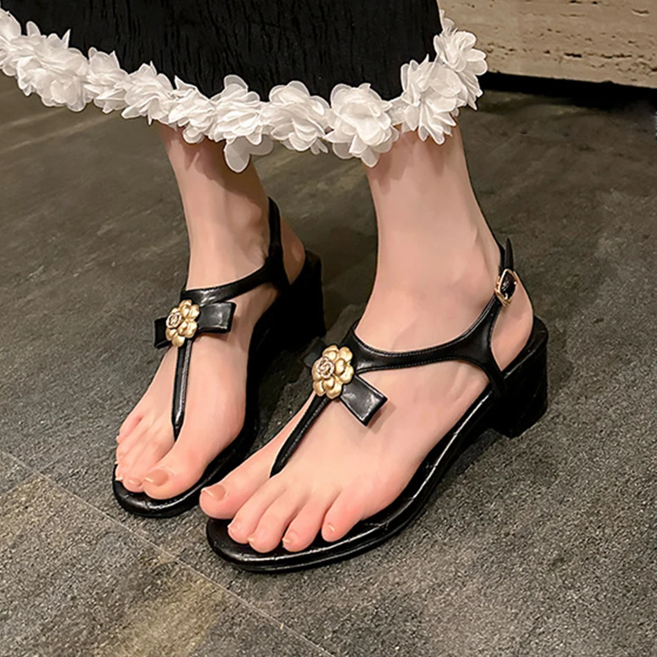 

Camellia 5 cm mid-heel shoes, bow toe flip-flops, chunky-heeled women's shoes, 2025 summer new style sexy women's sandals