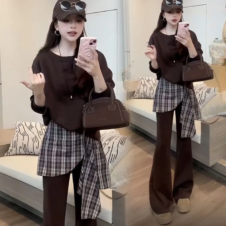 Casual Style Long Sleeve Women's Set Spring Autumn Pure Color Hoodie plus Plaid Patchwork Flared Pants Two Piece Suit