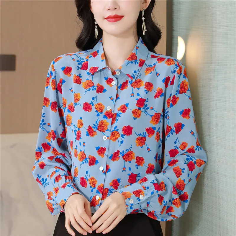 

Vintage Print Sand Washed Loose Shirt Versatile Silk Long Sleeve Inner Top