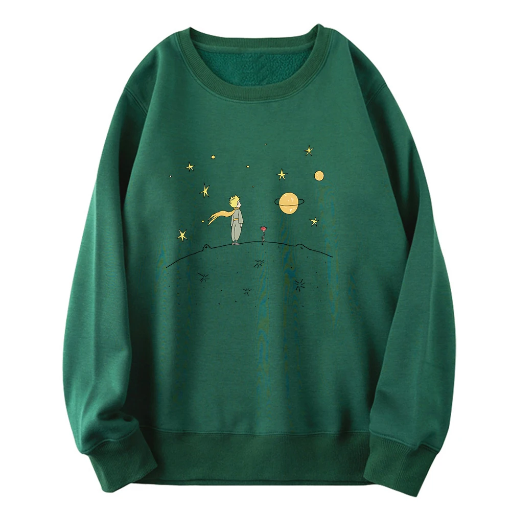 The Little Prince Print Hoodie Planet and Rose Graphic Hoody Women Sweatshirt White Pullover Female Oversized Clothes Spring Top