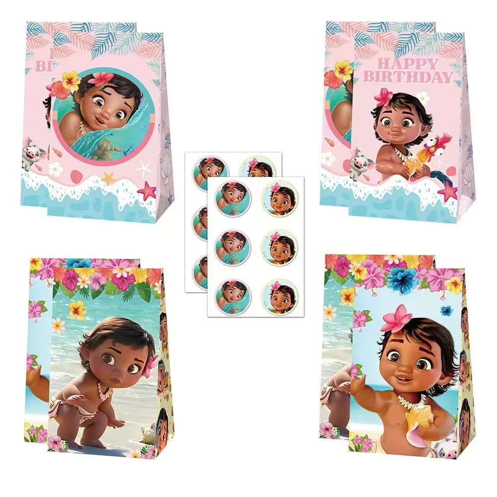 12/36Pcs Disney Moana Princess Candy Bag With Stickers Paper Cookie Candy Packaging Bag Baby Moana Birthday Party Gift Bag Decor