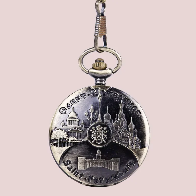 1086    Hot Sell Western Bronze Pocket Watches St Petersburg Pattern Vintage Design Quartz Clock Chain Fashion  Pendant Montre