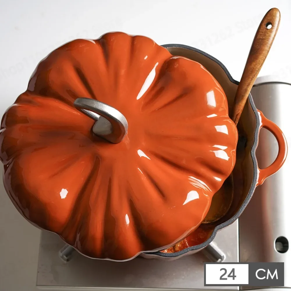 Pumpkin Enameled Cast Iron Dutch Oven 24cm Orange Soup Stew Pot for Induction and Open Flame
