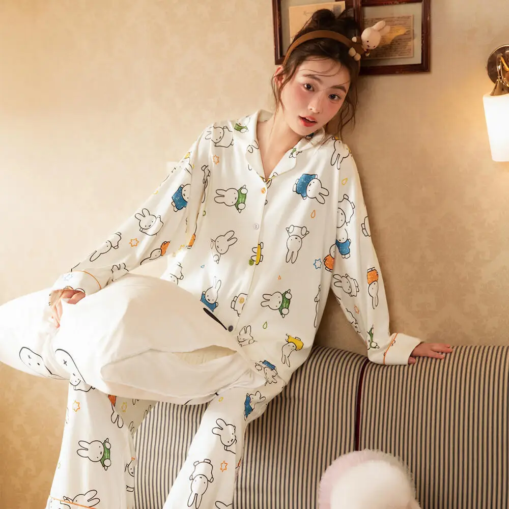 

Женская пижама Miffy на весну и осень из чистого хлопка с длинными рукавами и рисунком, милый комплект домашней одежды с полным принтом, милый подарок с героями мультфильмов