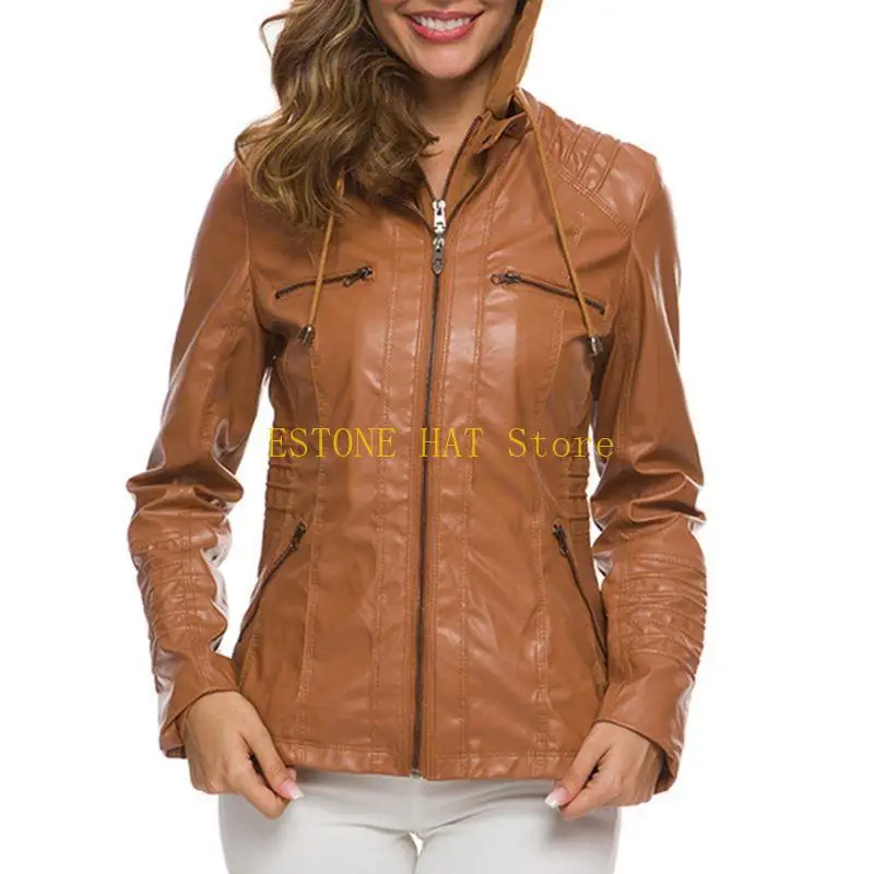 49MF Women Faux Leather Short for Jacket with Detachable Drawstring Hood Stand Collar Casual Motorcycle Zip Up Outw